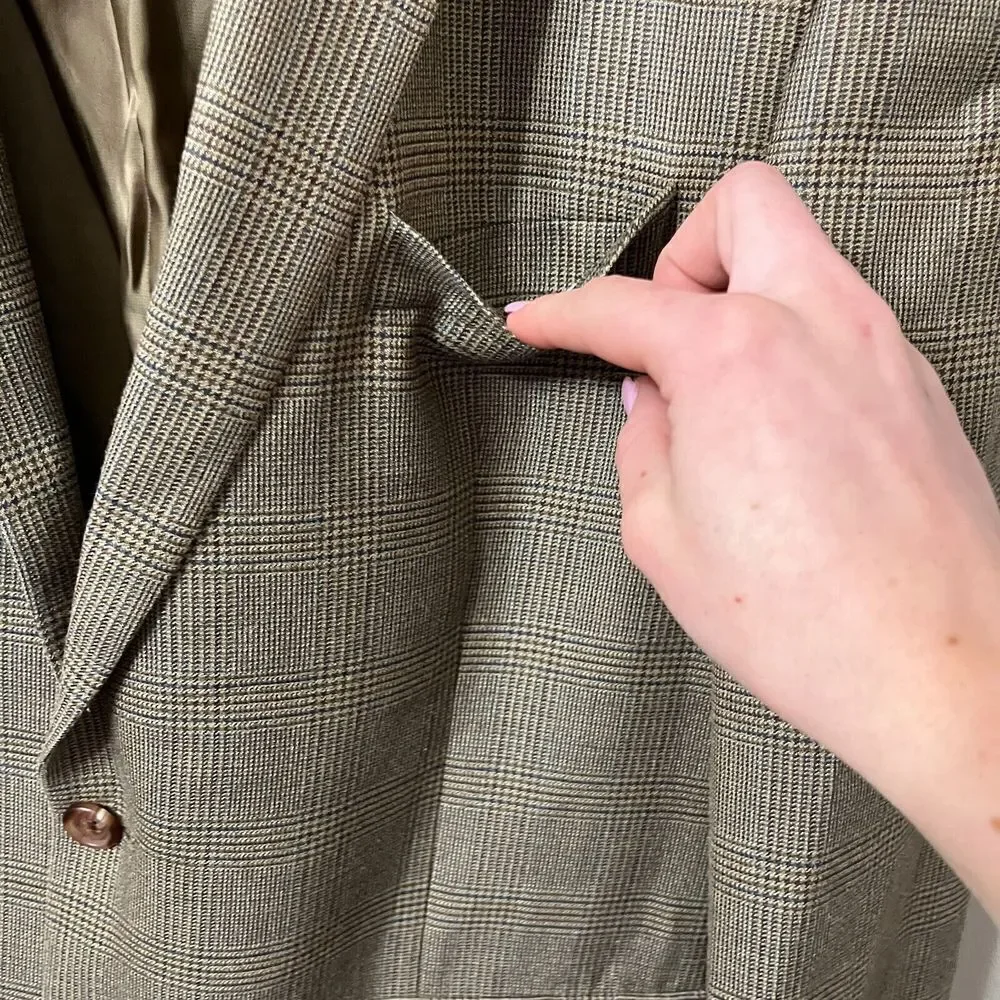 Ralph Lauren Men Brown Blazer 46R Tweed Plaid Wool Single Breast Silk Sport Coat
